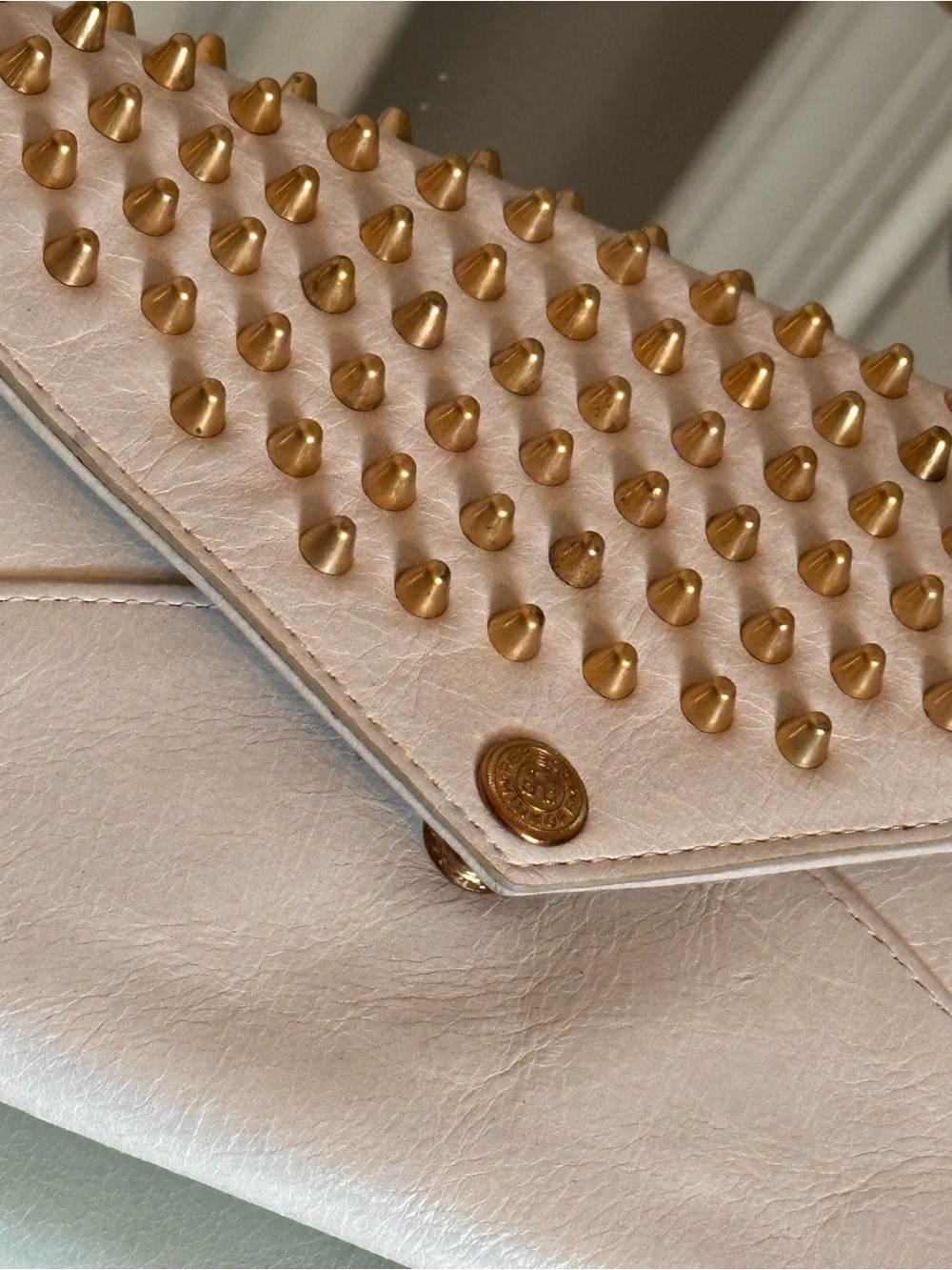 Rebecca Minkoff Studded Off White Leather Envelope Clutch with gold pyramid stud - Picture 2 of 10
